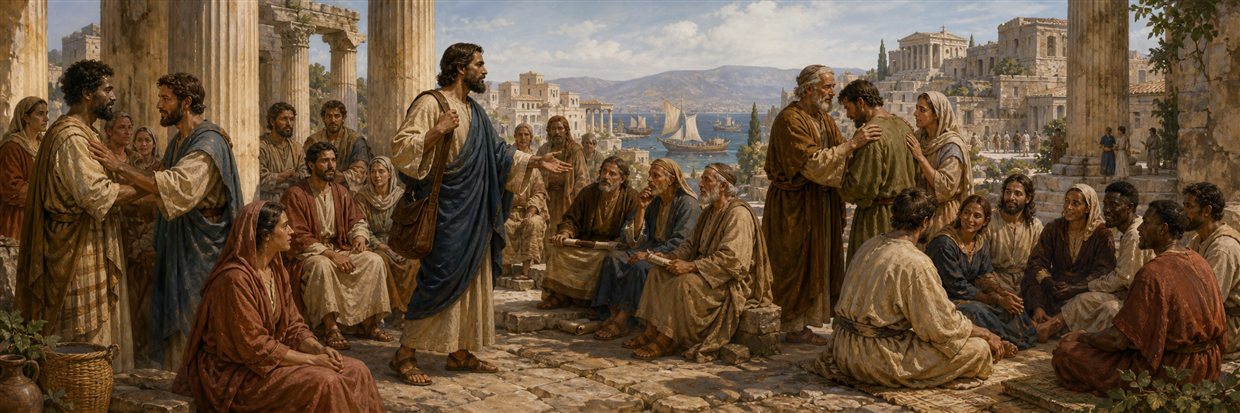 A Paul-like apostle addressing believers as rivals reconcile and mature leaders restore a struggling member